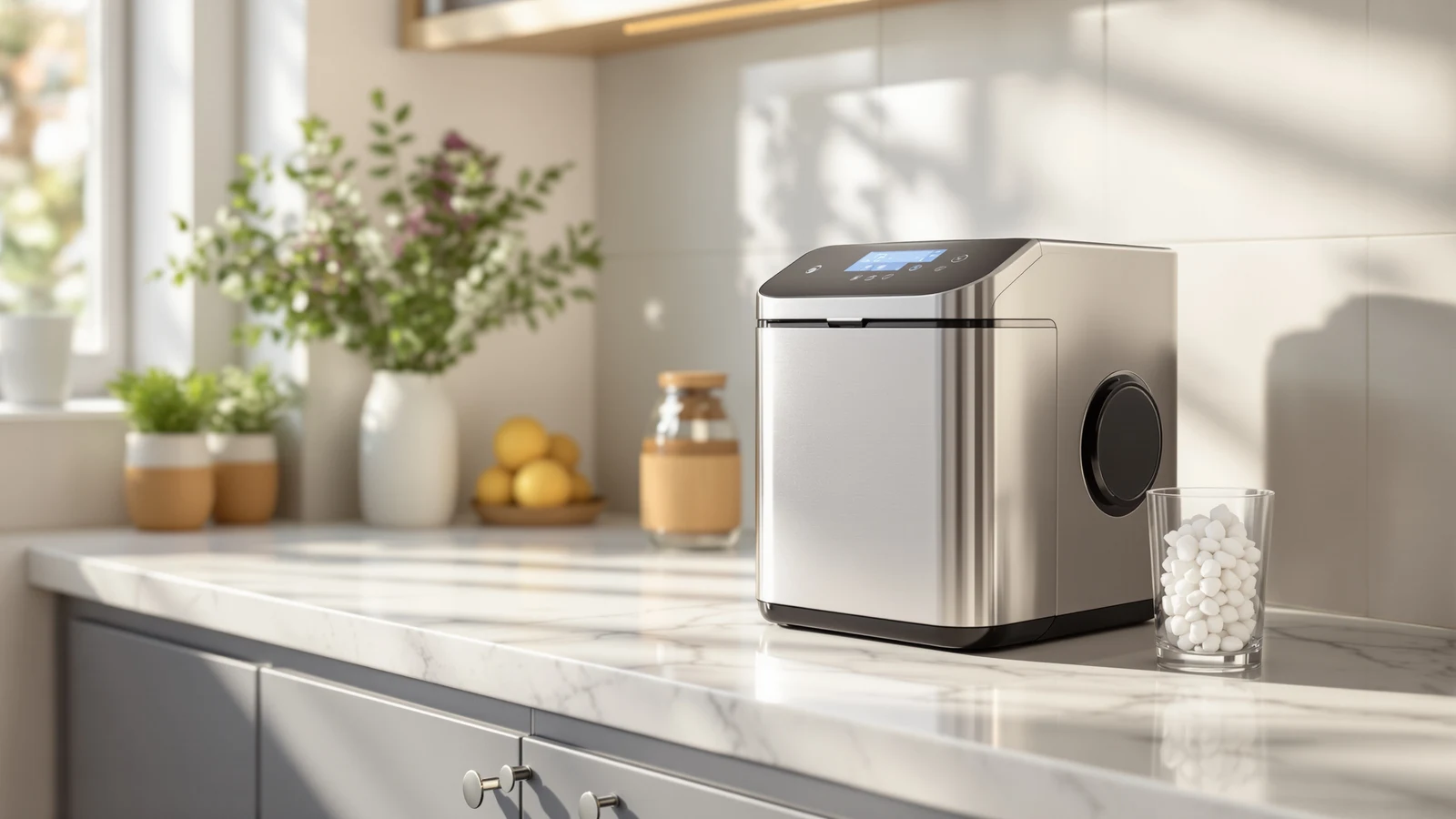 Stainless-steel countertop nugget ice maker on a pale marble kitchen counter beside a glass of soft chewable ice pellets